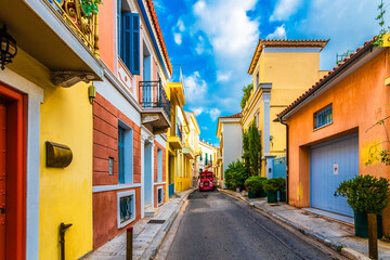 Colorful street view in Plaka District of Athens.