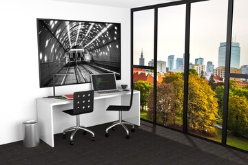 Modern office interior with beautiful outside view of Warsaw skyline in Autumn - 3D Rendering