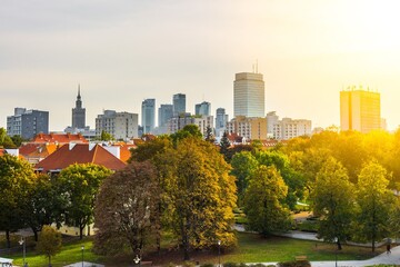Warsaw Downtown skyline in Autumn - panoramic view