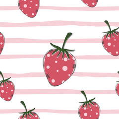 Hand drawn strawberry. Seamless Vector illustration with lines hand drawn on pink pastel background.