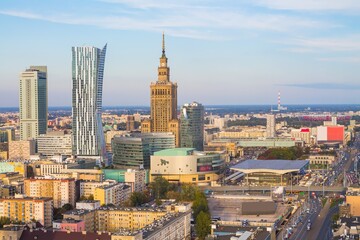 Naklejka na ściany i meble Warsaw skyline - aerial view of the city centre (Downtown) - Poland