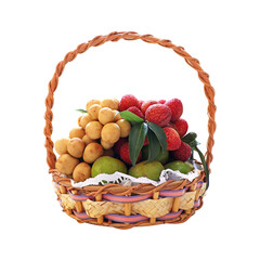 fresh fruits in wicker basket isolated on white