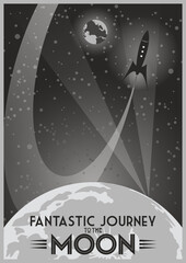 Monochrome Retro Fantastic Movie Poster Style, Journey to the Moon, Retro Future Space Rocket Flight, Moon, Stars