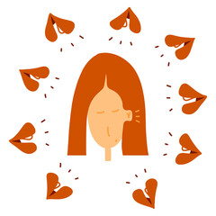 Woman hears whispers around her vector flat doodle illustration. Gossip, rumor, or secrets cartoon concept. Flying lips around face.