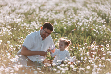 Dad and baby daughter in a field of daisies. A happy family.