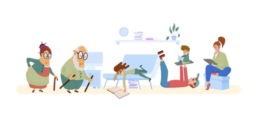 Large family, several generations staying at home in self quarantine, protection from virus. Vector illustration in flat style