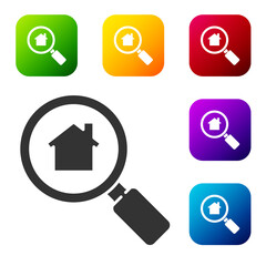 Black Search house icon isolated on white background. Real estate symbol of a house under magnifying glass. Set icons in color square buttons. Vector Illustration