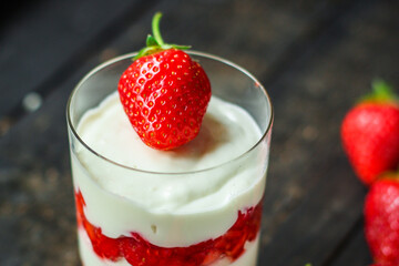 strawberry dessert with cream and mascarpone cottage cheese layers millefeuille Menu concept serving size. food background top view copy space for text keto or paleo diet organic healthy eating