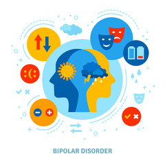Naklejka premium Flat Design Vector Illustration Concepts of Bipolar Disorder Symptoms. Infographic of mental disease. Manic and depression behavior, mood swings.