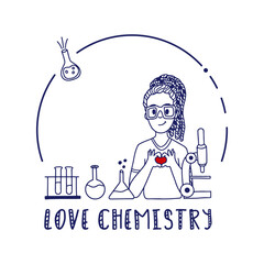 Chemistry doodle with girl in eye glasses. Vector flask, beaker and microscope illustration.