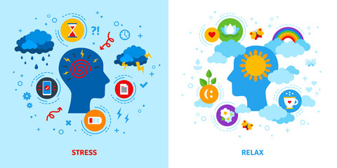 Mental stress and relax concept. Vector illustration. Anger, negative or positive mind, emotional triggers. Flat style icons. - obrazy, fototapety, plakaty