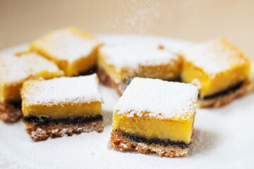 Lemon squares with poppy seeds and powdered sugar. Selective focus