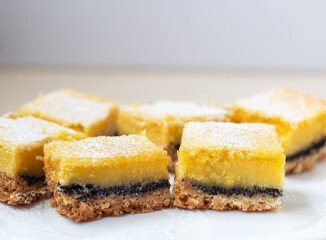 Lemon squares with poppy seeds and powdered sugar. Selective focus