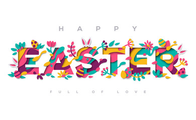 Happy Easter greeting card with typography design and abstract paper cut shapes on white background. Vector illustration. Colorful 3D carving art, floral elements and rabbits
