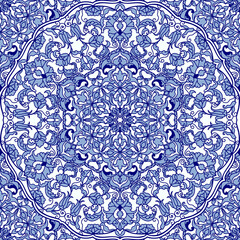 Seamless colorful pattern with Turkish motif. Hand drawn seamless abstract pattern from floral mandala. Majolica pottery tile, blue, yellow azulejo. Original traditional Portuguese and Spain decor
