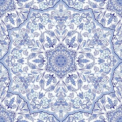 Seamless colorful pattern with Turkish motif. Hand drawn seamless abstract pattern from floral mandala. Majolica pottery tile, blue, yellow azulejo. Original traditional Portuguese and Spain decor