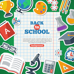 Back To School Background With Flat Icon Stickers Set. Vector Flat Illustration. Notebook Sheet with School Objects Around.