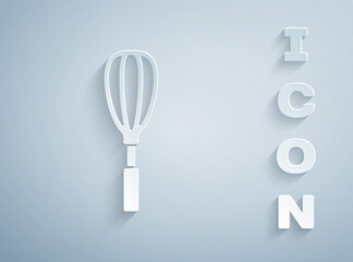 Fototapeta premium Paper cut Kitchen whisk icon isolated on grey background. Cooking utensil, egg beater. Cutlery sign. Food mix symbol. Paper art style. Vector Illustration