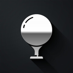 Silver Golf ball on tee icon isolated on black background. Long shadow style. Vector Illustration