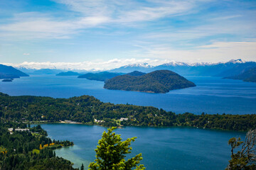 Naklejka na ściany i meble View from Villa Campanario in San Carlos de Bariloche, Patagonia, Argentina - picturesque landscape of blue water lakes and mountains, a famous tourist destination in Patagonia. 