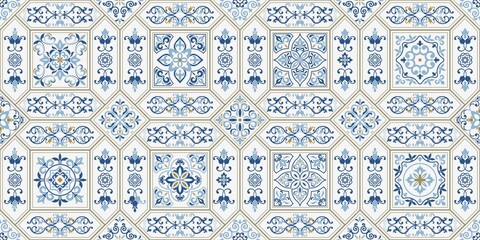 Seamless colorful patchwork in turkish style. Hand drawn background. Azulejos tiles patchwork. Portuguese and Spain decor. Islam, Arabic, Indian, ottoman motif. Perfect for printing on fabric or paper - 354998189