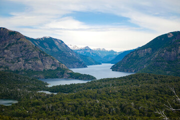 View from Villa LLao Llao in San Carlos de Bariloche, Patagonia, Argentina - picturesque landscape of blue water lakes and mountains, a famous tourist destination in Patagonia. 