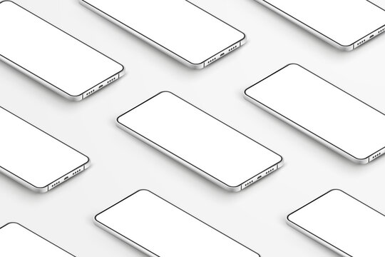 Realistic smartphones mockup. 3d mobile phones with blank white screens. Modern cell phones template on white background. Illustration of device 3d screen