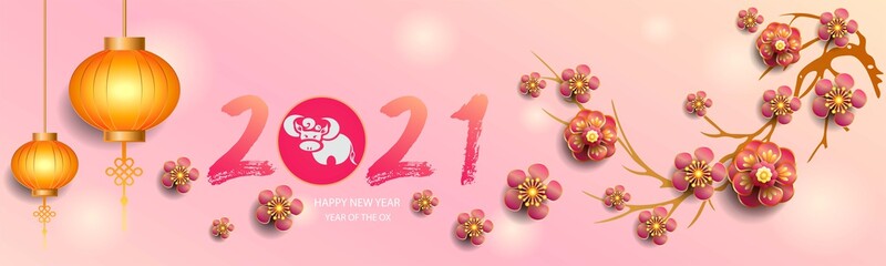 Happy new year 2021 / Chinese new year / Year of the ox / Zodiac sign for greetings card, invitation, posters, brochure, calendar, flyers, banners 