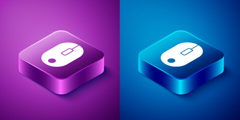 Isometric Computer mouse icon isolated on blue and purple background. Optical with wheel symbol. Square button. Vector Illustration
