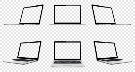 Laptop with transparent screen on transparent background. Perspective, top and front laptop view with transparent screen. - obrazy, fototapety, plakaty