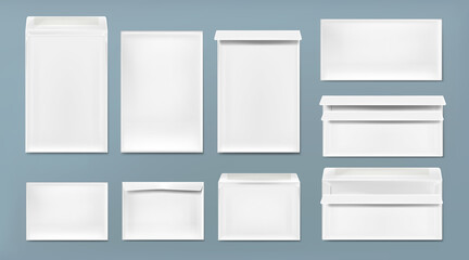 White envelope A4, DL and C6 template. Vector realistic mockup of blank closed and open envelopes, letter covers front and back view. Mock up of paper folder for business documents and messages