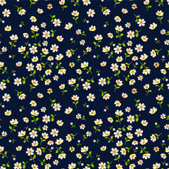 Fototapeta na wymiar Floral pattern. Pretty flowers on dark blue background. Printing with small white flowers. Ditsy print. Seamless vector texture. Spring bouquet.