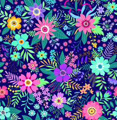 Fototapeta na wymiar Trendy seamless vector floral pattern. Endless print made of small colorful flowers, leaves and berries. Summer and spring motifs. Dark blue background.Vector illustration.
