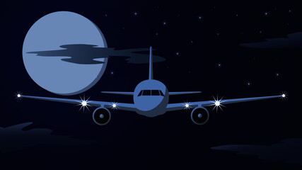 pemandangan malam dengan pesawat dan bulan besar