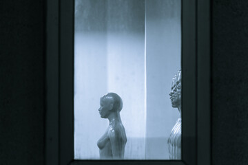 silhouette of a female mannequin in front of a line of male mannequins