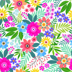 Fototapeta na wymiar Amazing seamless floral pattern with bright colorful flowers and leaves on a white background. The elegant the template for fashion prints. Modern floral background. Folk style.