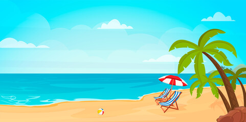 Fototapeta na wymiar Hello summer. Relaxing scene on a breezy day, deck chair and umbrella.
