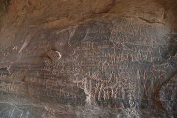 Ancient rock carvings in the sandstone of the Wadi Rum Desert, Jordan