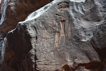 Ancient rock carvings in the sandstone of the Wadi Rum Desert, Jordan