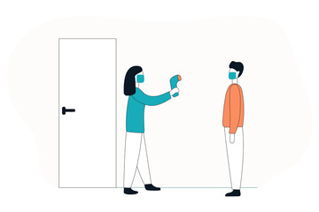 Checking temperature with a non-contact thermometer. Coronavirus pandemic. Vector flat illustration.