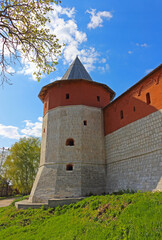 Fototapeta na wymiar Hiding-place Corner Tower of Zaraysk Kremlin at Zaraysk town in sunny day. Cultural heritage of the Middle Ages (16th century) in the Moscow region, Russia