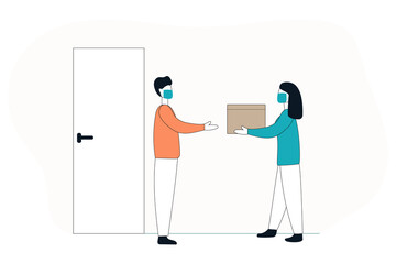 Concept woman door-to-door delivery worker hands a package to the addressee.