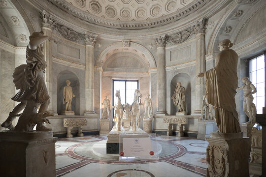 Vatican, Italy - January, 04, 2020. Ancient Greek and Roman statues on display of the Museums of Vatican. The Museum holds one of the biggest collection of ancient art objects.