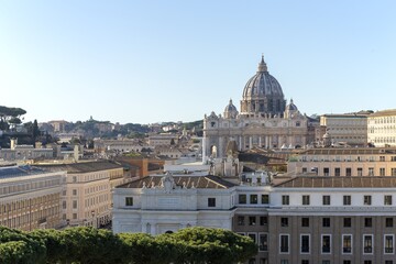 Fototapeta na wymiar View to Rome and Saint Peter cathedral of Vatican from the Mausoleum of Hadrian, usually known as Castle of the Holy Angel, Rome, Italy
