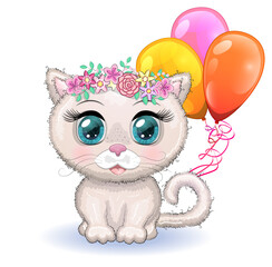 Cute cartoon pink cat, a kitten on a background of flowers holds balls with its tail