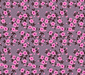 Cute Floral pattern in the small flower. Ditsy print. Motifs scattered random. Seamless vector texture. Elegant template for fashion prints. Printing with small pink flowers. Gray background.