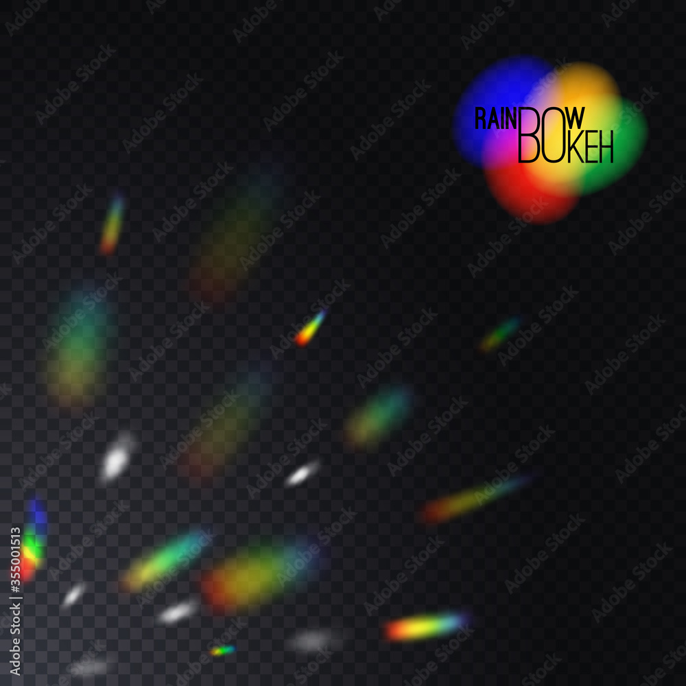 Poster vector realistic transparent rainbow rays. radiant colorful bokeh effect. magical iridescent decorat