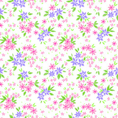 Fototapeta na wymiar Cute Floral pattern in the small flower. Ditsy print. Motifs scattered random. Seamless vector texture. Elegant template for fashion prints. Printing with small pink flowers. White background.