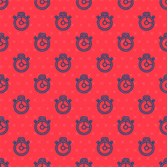 Blue line Stopwatch icon isolated seamless pattern on red background. Time timer sign. Chronometer sign. Vector Illustration