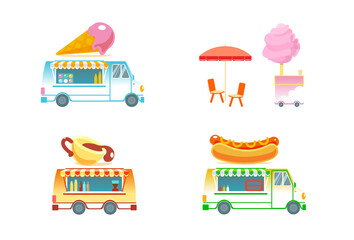 Set of food trucks vector isolated illustration. Hot dog, coffee cup, cotton candy, ice cream van. Holiday city park restaurants. Street food car. Ready takeaway meal cafe kiosks cartoon background